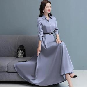 Spring Autumn 2024 Cotton Linen Long Sleeve Dress Slimming Flattering Belly Covering Age Reducing Full Skirt Elegant Commute Style
