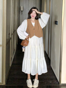 Romantic Soft Style Womens Dress Set in Beige Color French Fashion Two-Piece Suit for Autumn Season Casual Loose Fit Long Sleeve