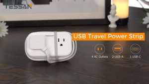 TESSAN Travel Power Strip Extension Cord with USBType C 2-Prong Flat Plug Extension Cord Cruise Essentials Small Travel Power Strip Portable No Surge Protector Home Office Hotel Cruise Ship Must Have