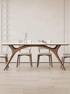 Scandinavian Solid Wood Stone Plate Dining Tables and Chairs Set Modern Minimalist Ash Wood For Home Rectangular Walnut Restaurant Dining Table