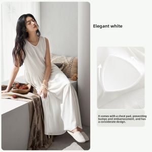 yuenei | Pure Cotton Sleepwear Dress Womens Style Summer Casual V-neck Long Sleeveless Gown With Chest Pad White High-End Feeling