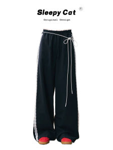 Quần Ống Đứng American Hot Bé Gái Dáng Rộng Thoải Mái Cho Nữ Mùa Hè 2025 Quần Thể Thao Sọc Cạp Cao Phong Cách Hàn Quốc