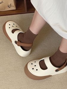 Fashionable Mary Jane Hole Hole Shoes for Women Summer Casual Anti-Slip Two-Way Wear Latte Color Sandals Slip-On EVA Material