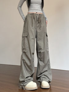 อเมริกันRetro Multi-Pocket Workกางเกงผู้หญิงหลวมฤดูใบไม้ผลิฤดูร้อน 2023 สีเขียวCargoกางเกงธรรมชาติเอวสะโพก-ความยาว