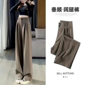 กางเกงขายาวทรงตรงเอวสูงทรงสลิมฟิตสำหรับผู้หญิง ฤดูใบไม้ผลิและฤดูใบไม้ร่วง ทรงสลิมฟิต ทรงยาวถึงพื้น ทรงหลวม ทรงลำลอง