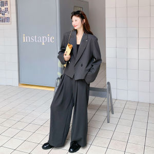 Gray Korean Style Commute Short Suit Set Womens Wide Leg Pants Two Piece Set Autumn New Arrival Elegant Female Lead