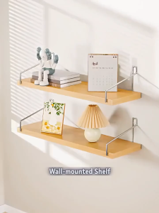 Punch-Free Shelves Set 30/60/90CM. Easy Mount Wooden Wall Storage Rack for Bathroom Living Room Home Office Wall Decor