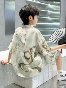 ชุดกี่เพ้าสไตล์จีนใหม่สำหรับเด็กชาย ชุดกี่เพ้าฤดูร้อนแบบจีนโบราณ ลายมังกร ชุดสองชิ้น แฟชั่นเด็กชาย