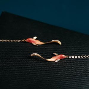 Good Luck for New Year-Good Luck Koi High Temperature Enamel S925 Sterling Silver Ear Line Gilding Earrings for Women Chinese Fad Vintage Silver Jewelry