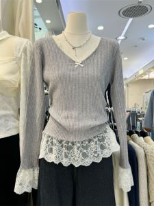 เสื้อสเวตเตอร์ถักแขนยาวคอวีลูกไม้ผสมผ้าฝ้ายโพลีเอสเตอร์สไตล์หวานสำหรับผู้หญิง ฤดูใบไม้ผลิและฤดูใบไม้ร่วง