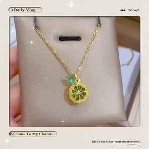 Stainless Steel Fruit Lemon Rhine stone Pendant Necklace For Women New Trend Clavicle Chain Jewelry Glamorous Gift