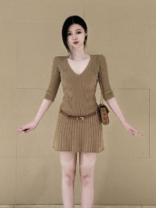 YUEZHONGWEI | French Vintage Coffee V-neck Mid-sleeve Knitted Dress Women Summer Slimming Short Skirt Pleated High Waist Commute Style Pure Color