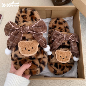 Dép Nữ Mùa Đông 2 Từ Dễ Thương Có Nơ Bướm Họa Tiết Da Báo Lông Cừu Lót Lông Cừu Đế PVC Dép Lê Thường Ngày