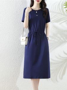 Pure Cotton Short Sleeve Long Dress Women Summer Casual round Neck Slimming Knee-Length T-Shirt Dress H-Line Simple Elegance