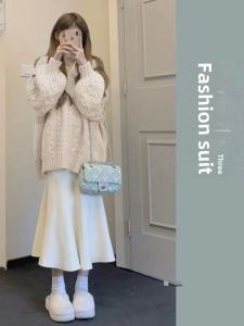 Lazy Style Vintage V-neck Twisted Knit Sweater Fish-tail Mini Skirt Two-piece Set Women Autumn Winter Outerwear College Style