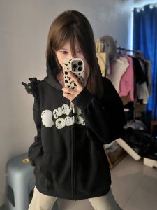 Trendy High Street Toothless Doll Cardigan Hoodie Female Fall and Winter American Retro Little Devil Embroider Zipper Outwear