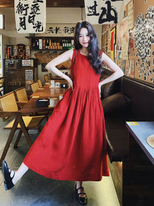 Red Cotton Linen Sleeveless Vest Dress Women Summer 2025 New Elegance High-End Simple Large-scale Long Dress