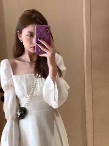 Muse Sweetheart Beautiful Back Bubble Sleeve Dress For WomenS Spring New Style French Square Neck Design Feeling Binding A-Line Skirt Dress Women Korean Style