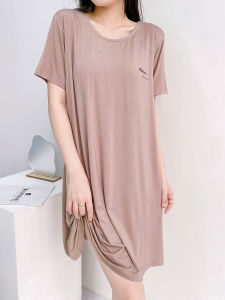 Modal Short-Sleeved Nightdress with Chest Pad Plus Size Pajamas Summer Female Bra Mid Length Long Length over the Knee Home Dress