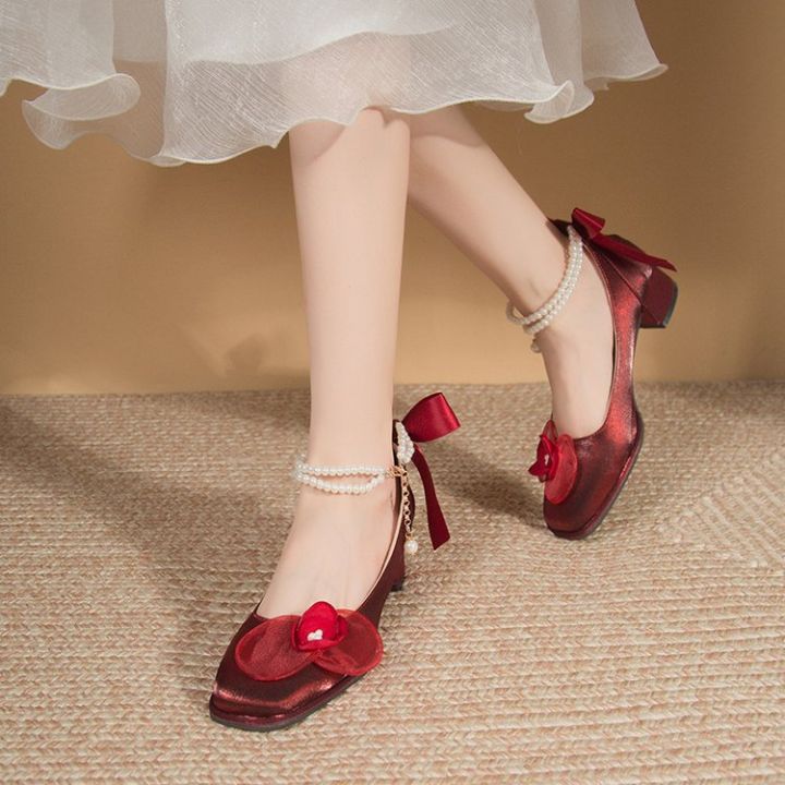 Wine Red High Heels Wedding Shoes Bridal Shoes Xiuhe Wedding Dress Dual-Use  Mary Jane Women's Shoes French Evening Style Chunky Heel Flats Lazada PH