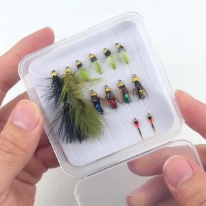 Bimoo 12PCS Flies Kit Brass Bead Head Scud Nymph Epoxy Nymph Wet Fly Woolly Bugger Streamer For Trout Bass Grayling Fishing Lure