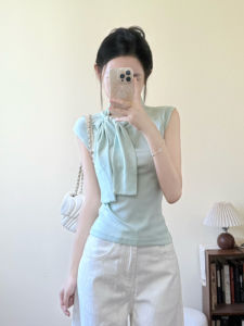 YUEZHONGWEI | French Butterfly Knot Green Strap Vest Women Summer Outdoor Wear Design Slim Fit No Sleeve Top Asymmetric Commute Style