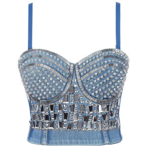 Women Camis y Crop Top To Wear Out Rhinestone Sequins Acrylic Denim Cropped Nightclub Party Corset Push Up YH1176