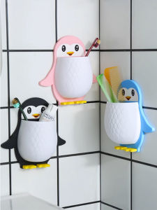 Creative Penguin Shaped Storage Rack ห้องน้ําแต่งหน้าเครื่องมือแปรงสีฟันข้างเตียงโทรศัพท์มือถือติดผนังผู้ถือ