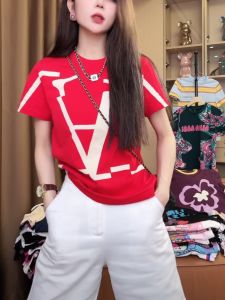 Red Short Sleeve T-Shirt Womens Fashionable Printed Slimming Design Spring Summer Casual Cotton round Neck Top