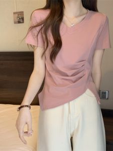 Áo Thun Nữ Cỡ Lớn Tay Ngắn Cổ Chữ V Không Đều Mùa Hè Phong Cách Mới Thiết Kế Cho Phụ Nữ Béo