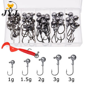 JYJ 40pcs a box 1g 1.5g 2g 3g round head jig fishing hook sharp carbon steel fishing hook for soft worm lure bait