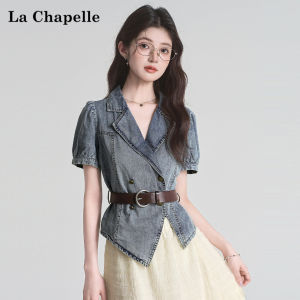 La Chapelle | Lightweight Denim V-neck Short Sleeve Shirt Slimming Elegant