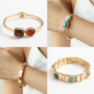 Fashionable Elastic Open Hand Bracelet Turquoise Tiger Eye Stone Vintage Alloy Jewelry Couple Matching Accessory