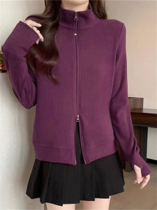 เสื้อแจ็คเก็ตฮู้ดแขนยาวสไตล์เกาหลี ทรงหลวม ปกตั้ง ซิปคู่ คอสูงครึ่งตัว เสื้อผ้าทำงานฤดูใบไม้ผลิ 2025 สำหรับผู้หญิง