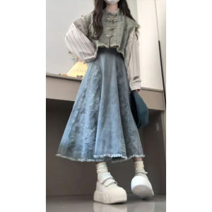 New Chinese Style Retro Denim Vest Dress Womens Autumn Winter New Design Sensation Skirt Set High Waist A-Line Long Sleeve