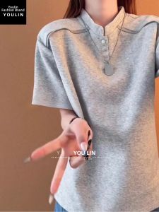 YOULIN | Deconstructed Henry Collar Retro Summer T-shirt 5 Quarter Sleeves