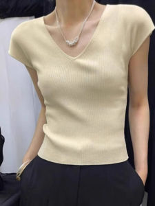 SHUQINGLAI | V-Neck Regular Shoulder Short Sleeve Womens Summer Design Sensitivity Rare T-shirt