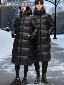 Mens Black Gold down Jacket Long Thick White Goose down Coat Winter Warm Knee-Length Hooded Couples Outerwear Trendy