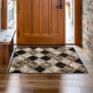 VIKAMA Beige Brown Grey Dahlia Flower Border Woven Minimalist Art Crystal Velvet Door Mat Non Slip Entryway Bedroom Living Room