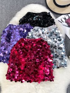Fashionable Glitter Half Skirt Womens High Waist A-Line Mini Skirt Commute Korean Style Solid Color Short Skirt