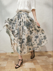 SUSHE | French Style Vacation Pure Cotton Ink Wash Print High Waist A-Line Skirt