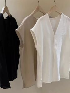 Korean-Style Womens Summer Linen Shirt with French-Style Luxury Versatile Vest Top for Fashion