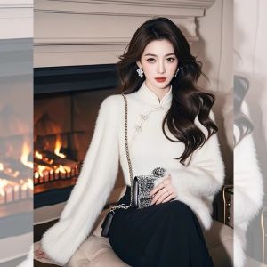 Elegant White Cashmere Knitted Top with Button Design Chinese Style Womens Fashion Autumn Winter Sweater Moisture Wicking
