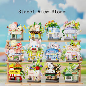 Street View Coffee Photo Studio Pet Bread Flower Hamburger  Small Shop City Building Blocks Childrens Educational Toys Gifts