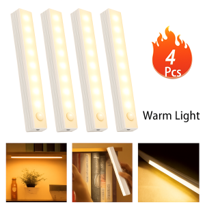 4pc Wireless Rechargeable LED Motion Sensor Cabinet Light - Ideal for Closet Kitchen Wardrobe Stairs - Battery Operated Night