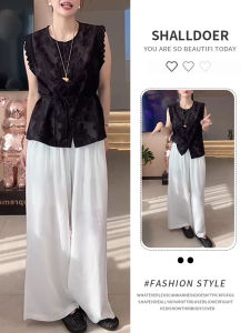 Shalldoer | Chic Summer 2025 Womens Lace Trim Sleeveless Casual Wide Leg Pants Set Elegant Shirt And Shorts Ensemble Polyester Fabric