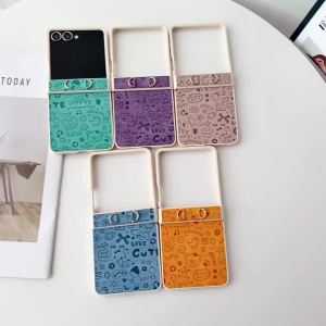 szhaiyu | For Samsung Galaxy Z Flip 7E Z Flip 7 6 5 4 3 Leather Cartoon Phone Case With Wrist Strap Hard Shell Hinge Protection Cover