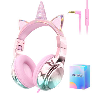 ยูนิคอร์นหูฟังสำหรับเด็ก หูฟังแบบมีสายสำหรับเด็กผู้หญิงพร้อมไมโครโฟน ควบคุมระดับเสียง ชุดหูฟังสำหรับเด็กพร้อมสายเคเบิลสำหรับของขวัญเด็กนักเรียน