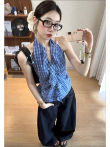 YUEZHONGWEI | French V-Neck Ruffled Blue Check Off-Shoulder Top