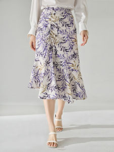 Elegant Commute Floral Print A-Line Midi Skirt Slimming Fish Tail Design Purple Wisteria Color Autumn Wardrobe Essential